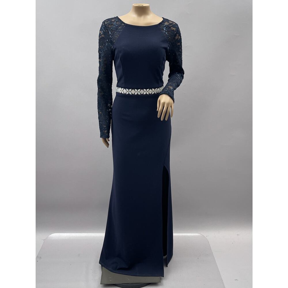 La Scala Dress Women L Blue Formal Gown Rhinestone Belt Lace Sleeves Slit Prom